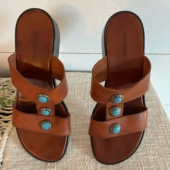 Sesto Meucci Brown Sandals With Turquoise Jewels Size 9 - Picture 3 of 4